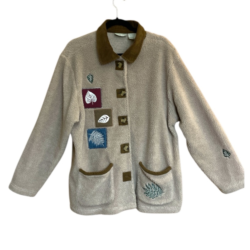 Women's 220 Hickory Beige Fleece Utility Jacket Leaf Accents Corduroy Collar L